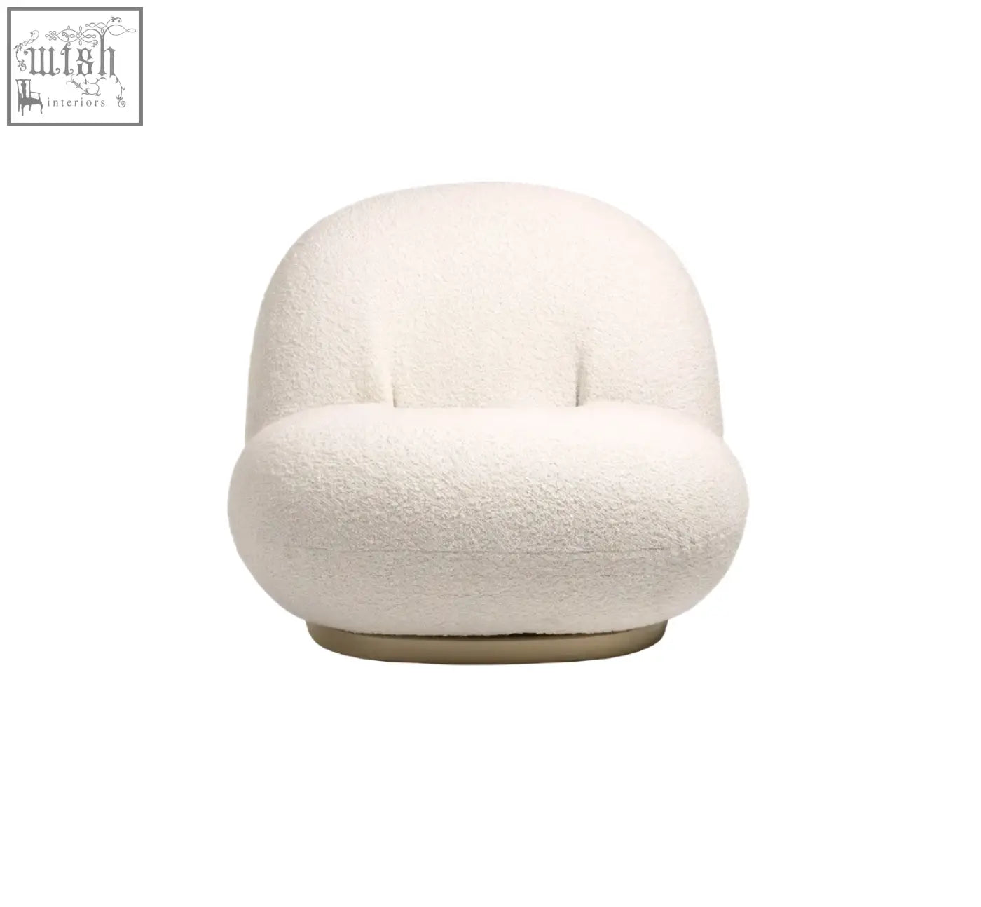 Cream-colored gubi pacha chair with plush boucle fabric and sleek gold metallic base perfect for accent seating