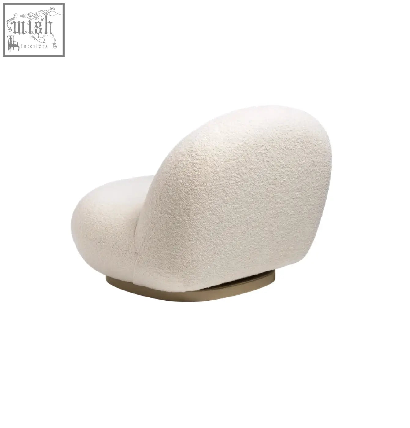 Cream-colored gubi pacha armchair with plush boucle upholstery and sleek gold metal base perfect as an accent chair