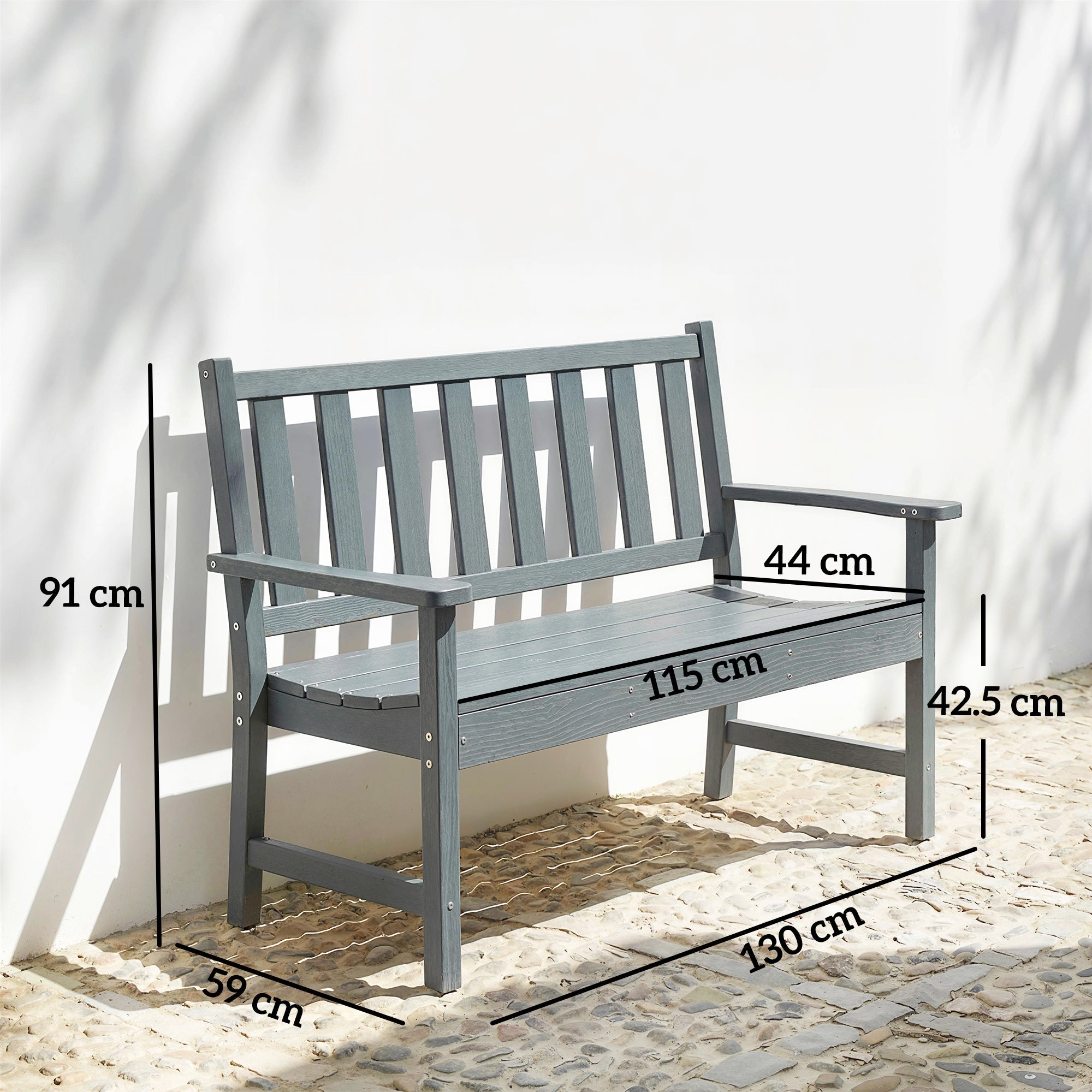 Outsunny 2 Seater Plastic Garden Bench, Outdoor Patio Bench with Armrest and Backrest, Weatherproof Outdoor Furniture for Balcony
