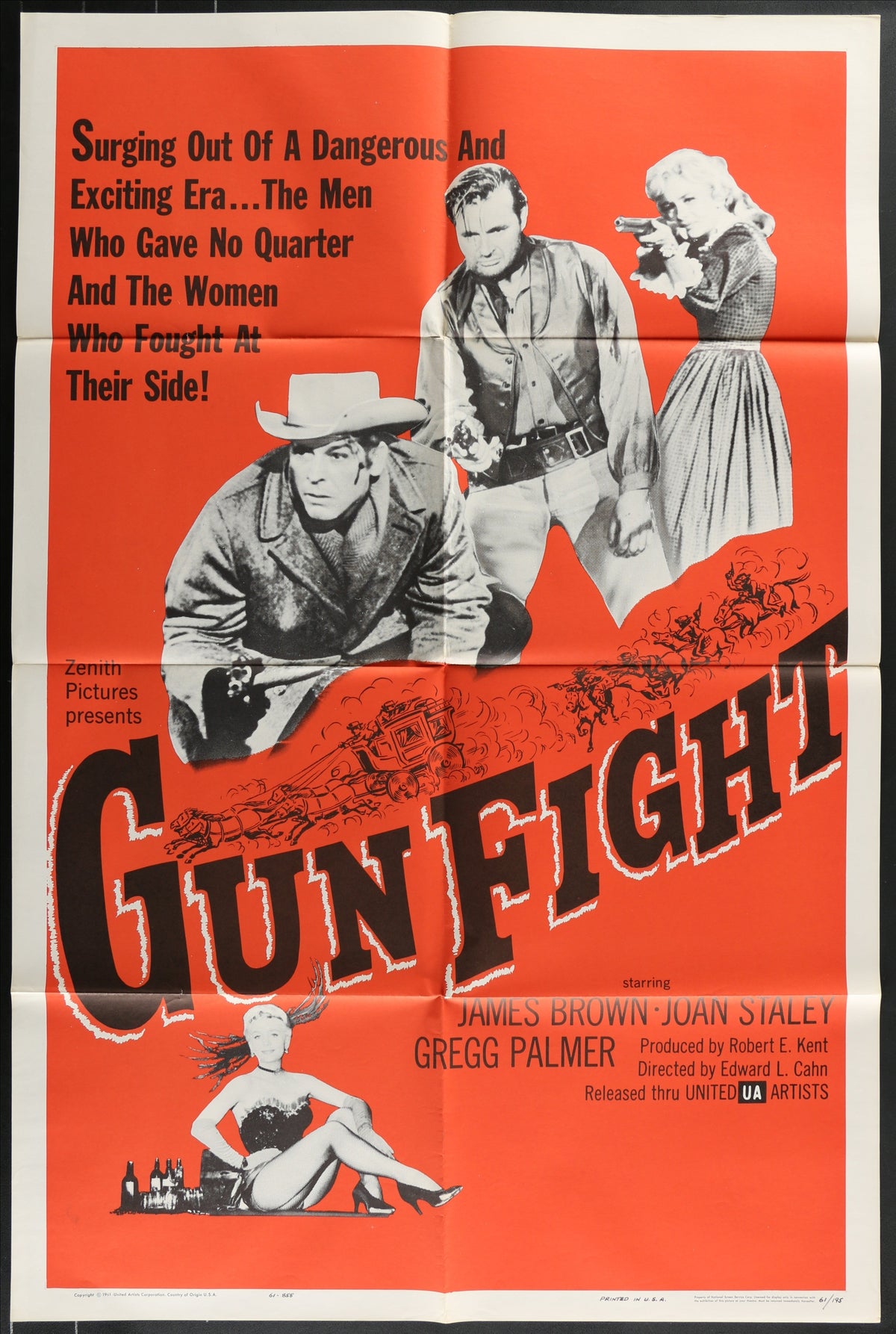 Vibrant orange movie poster for the 1961 gun fight western featuring bold black lettering and cowboy imagery