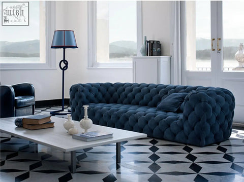 Deep navy blue gunter three seater sofa in tufted velvet with plush cushioned design and offer financing available