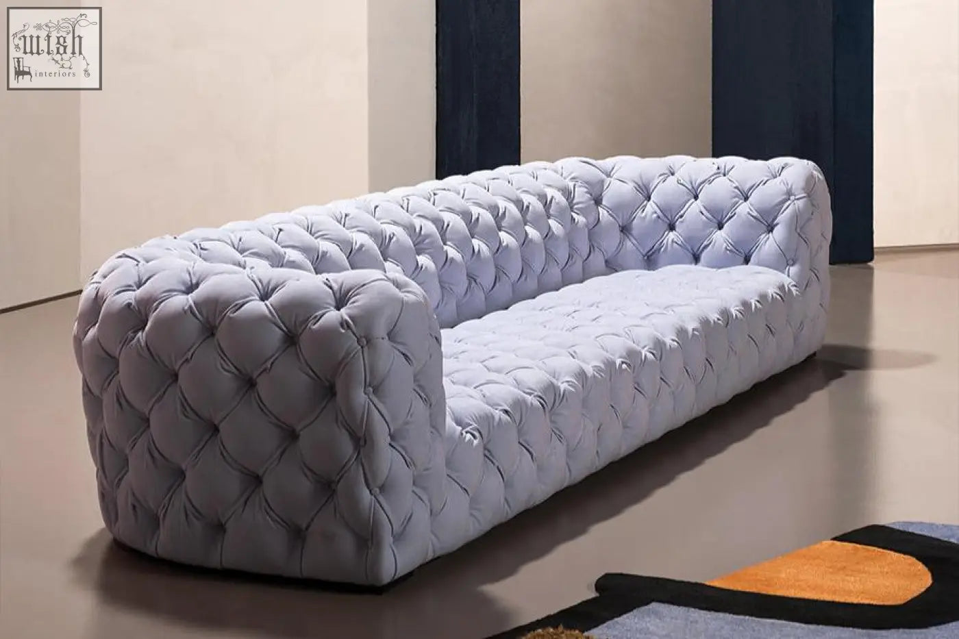 Light gray tufted velvet chesterfield gunter three seater sofa with offer financing and low shipping cost options