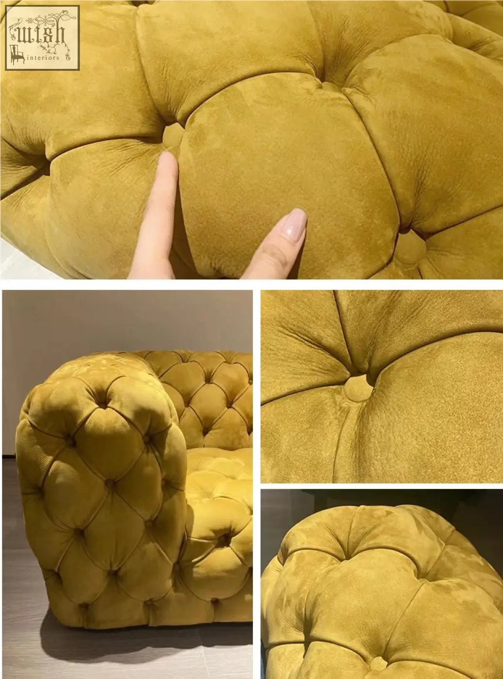A plush mustard-yellow velvet gunter three seater sofa with tufted button detailing and soft suede-like texture offer financing available