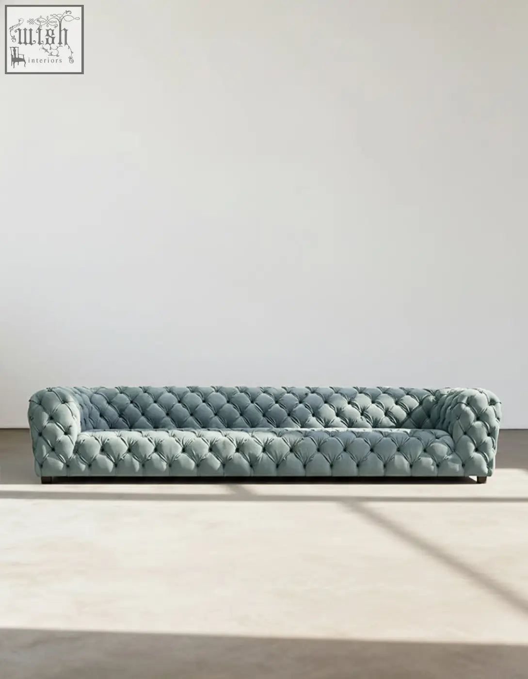 Gunter three seater sofa in sage green velvet with tufted chesterfield design and dark wooden legs offers financing options