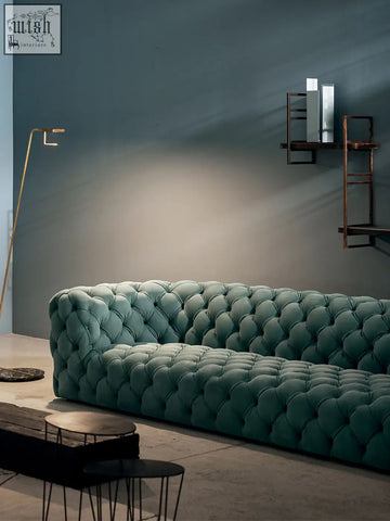 Teal velvet tufted gunter three seater sofa with classic elegant design offer financing and low shipping cost available