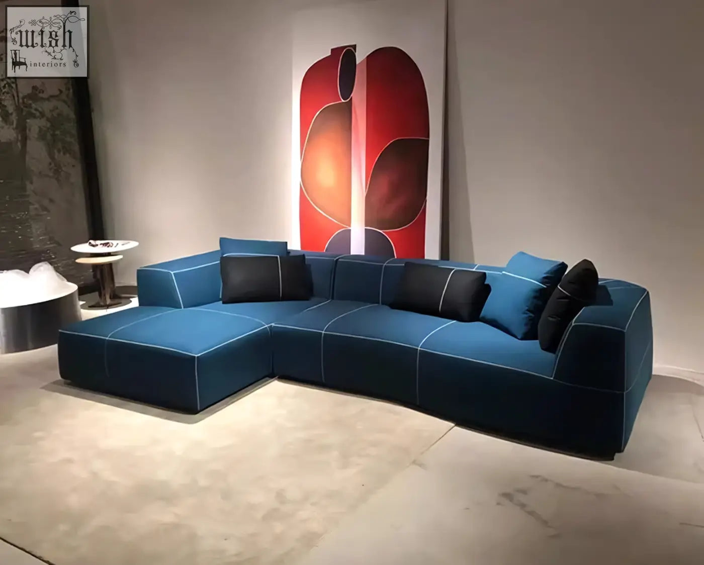Blue velvet guzman velvet corner sofa with black cushions white stitching in three seater four seater corner sofa design