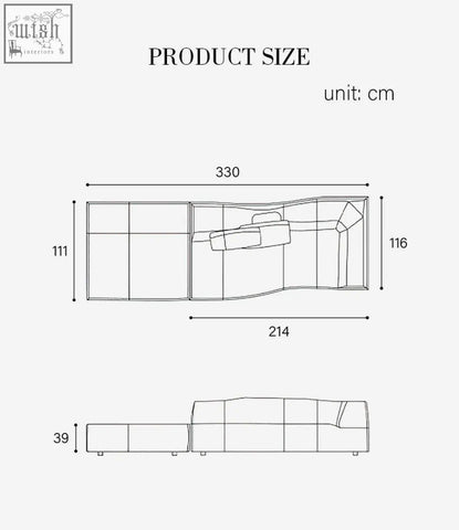 Blueprint of guzman velvet corner sofa with clean lines and segmented cushioning in technical design view