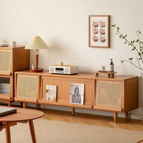 Light wood mid-century modern gwendolyn rattan tv stand with woven cane panel doors and tapered legs