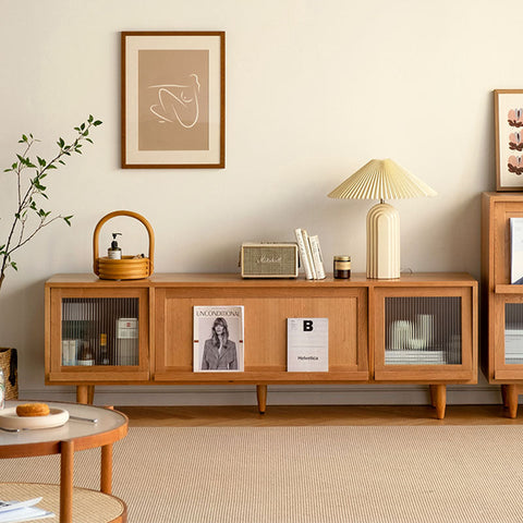 Light beige mid-century modern gwendolyn rattan tv stand with glass doors and tapered legs wooden media console
