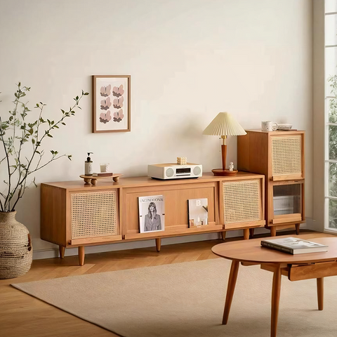 Light wood gwendolyn rattan tv stand with woven cane panel doors and tapered legs for stylish storage