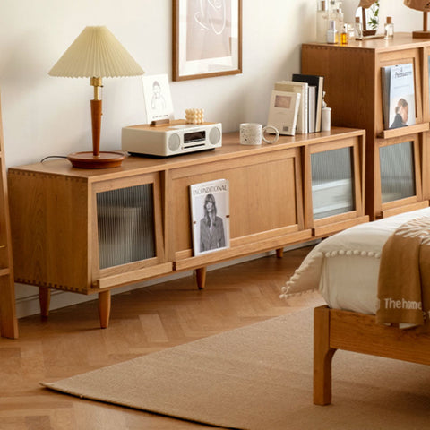 Light wood mid-century modern gwendolyn rattan tv stand with glass-paneled doors and tapered legs