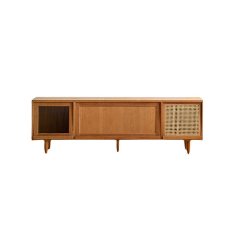 Mid-century modern gwendolyn rattan tv stand with natural wood finish glass cabinet and cane-woven side compartment