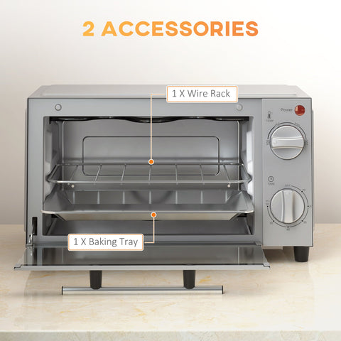 HOMCOM Mini Oven, 9L Countertop Electric Grill, Toaster Oven with Adjustable Temperature, Timer, Dishwasher Safe Baking Tray and Wire Rack, 750W, Silver