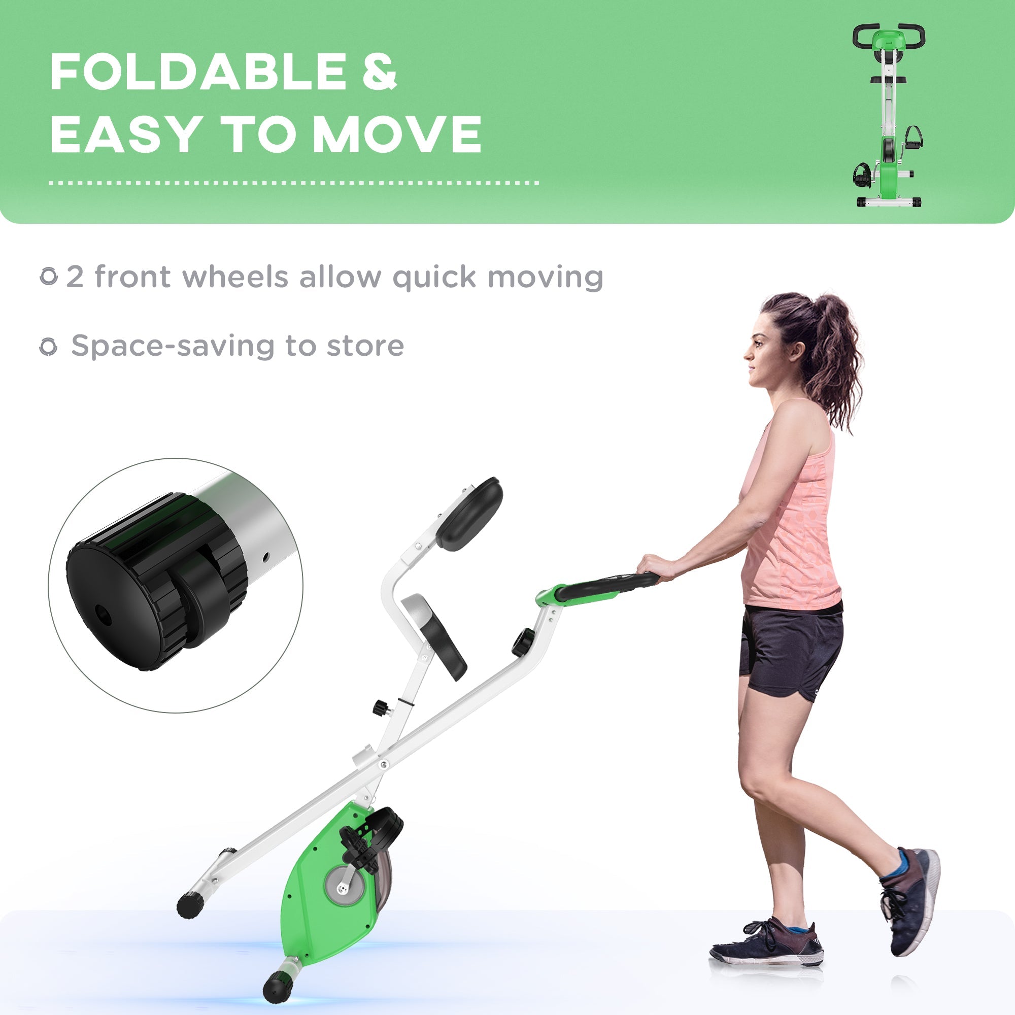 HOMCOM Folding Exercise Bike, Fitness Bicycle Indoor Trainer, Quiet 8-Level Magnetic Resistance, with LCD Monitor, Pulse Sensor and Wheels for Sport Maison and Cardio Training, Green