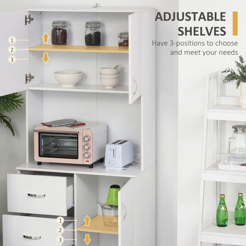 HOMCOM Free standing Kitchen Cupboard, Storage Cabinet with Doors and Sheleves, 3 drawers and Open Space, Adjustable Height Storage Unit, White