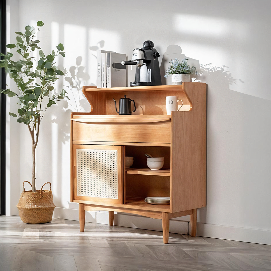 Light wood h11 elvis rattan sideboard with cane weave doors and tapered legs in oak for stylish coffee station setup