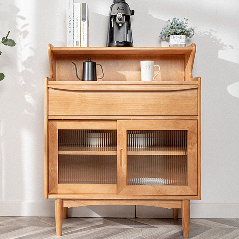 Light wood finish h11 elvis rattan sideboard with glass-paneled doors and curved top shelf in oak