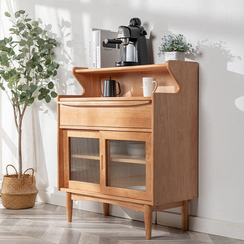 Light wood finish h11 elvis rattan coffee station cabinet with glass doors and curved top shelf in oak