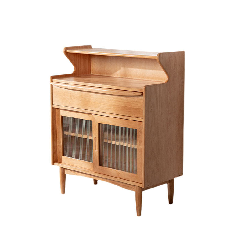 Light wood finish h11 elvis rattan sideboard with glass-paneled doors and curved top shelf in oak color