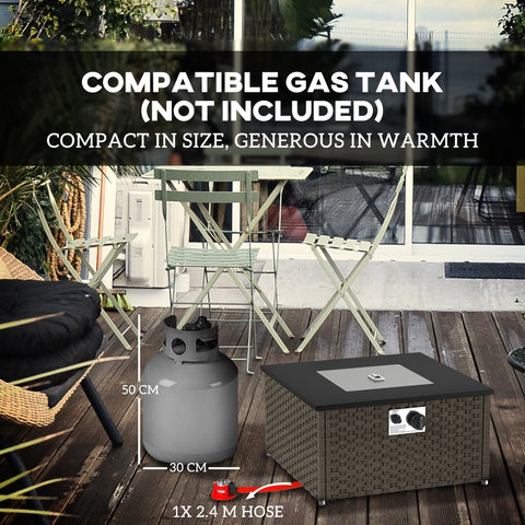 Outsunny Rattan Gas Fire Pit Table for Garden, 13 KW Smokeless Propane Fire Pit with Lid, Square Garden Coffee Table with Patio Heater for Outdoor, Patio, 58 x 58 x 33 cm, Grey