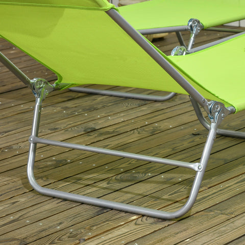 Outsunny Folding Sun Lounger Set of 2, Outdoor Day Beds with Pillow, Reclining Back, Steel Frame and Breathable Mesh for Beach, Yard, Patio, Green