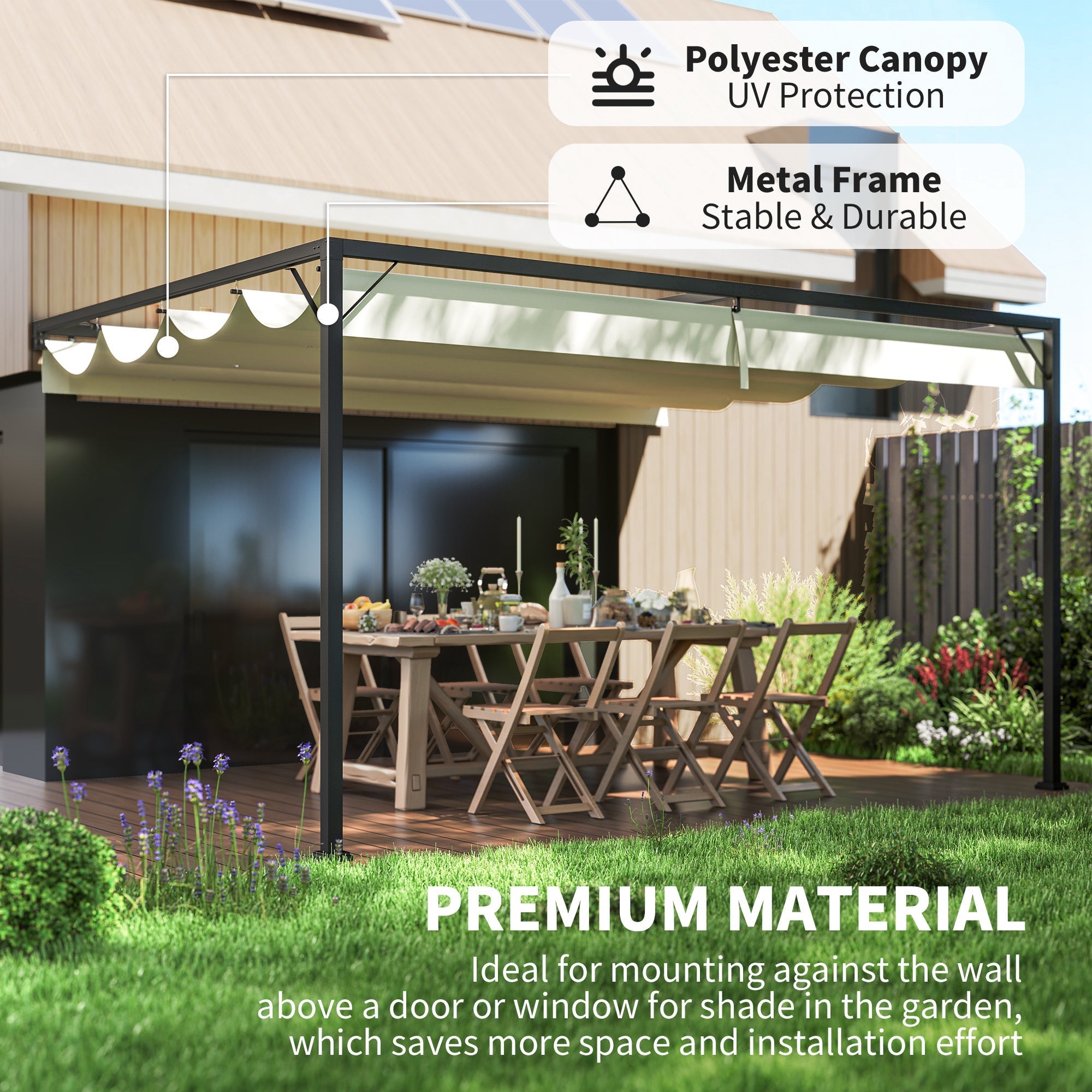 Outsunny 4 x 3(m) Outdoor Pergola Retractable Canopy Wall Mounted Gazebo Patio Shelter Sun Shade, Cream White