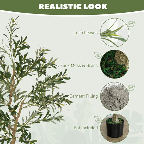 HOMCOM Set of 2 5ft/ 150cm Decorative Artificial Plant, Silk Olive Tree with 720 Leaves and 32 Olive Fruits in Pot, Fake Plant for Home, Office, Living Room, Indoor Decor
