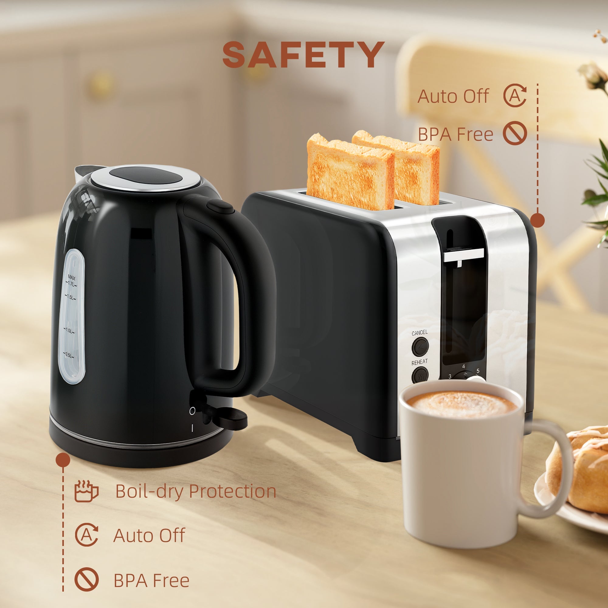 HOMCOM Simple Polished Toaster and Kettle Set - Black