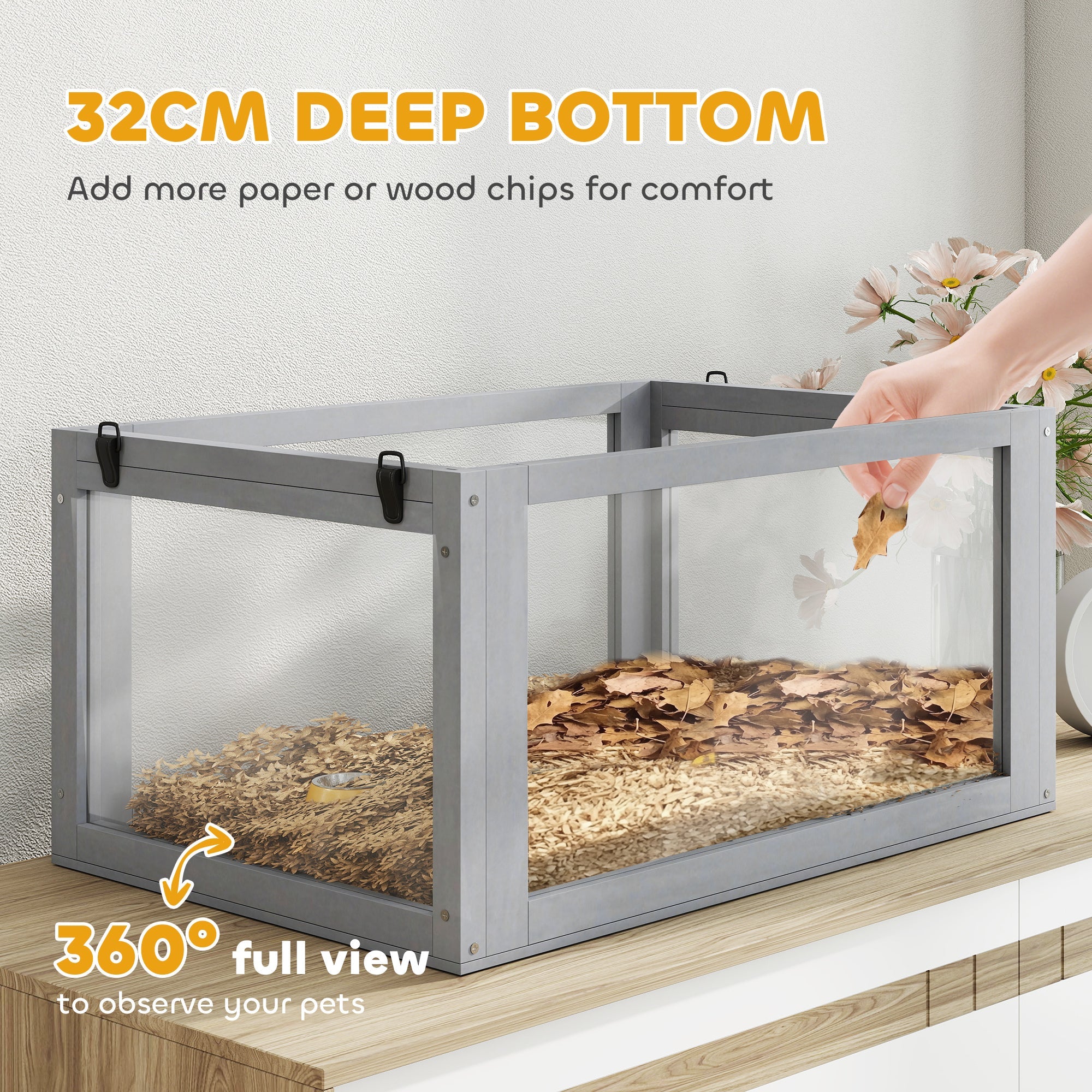 PawHut Wooden Hamster Cage with Detachable 32cm Deep Bottom, Hut, Seesaw, Exercise Wheel, Ramp, 60 x 40 x 75cm, Light Grey