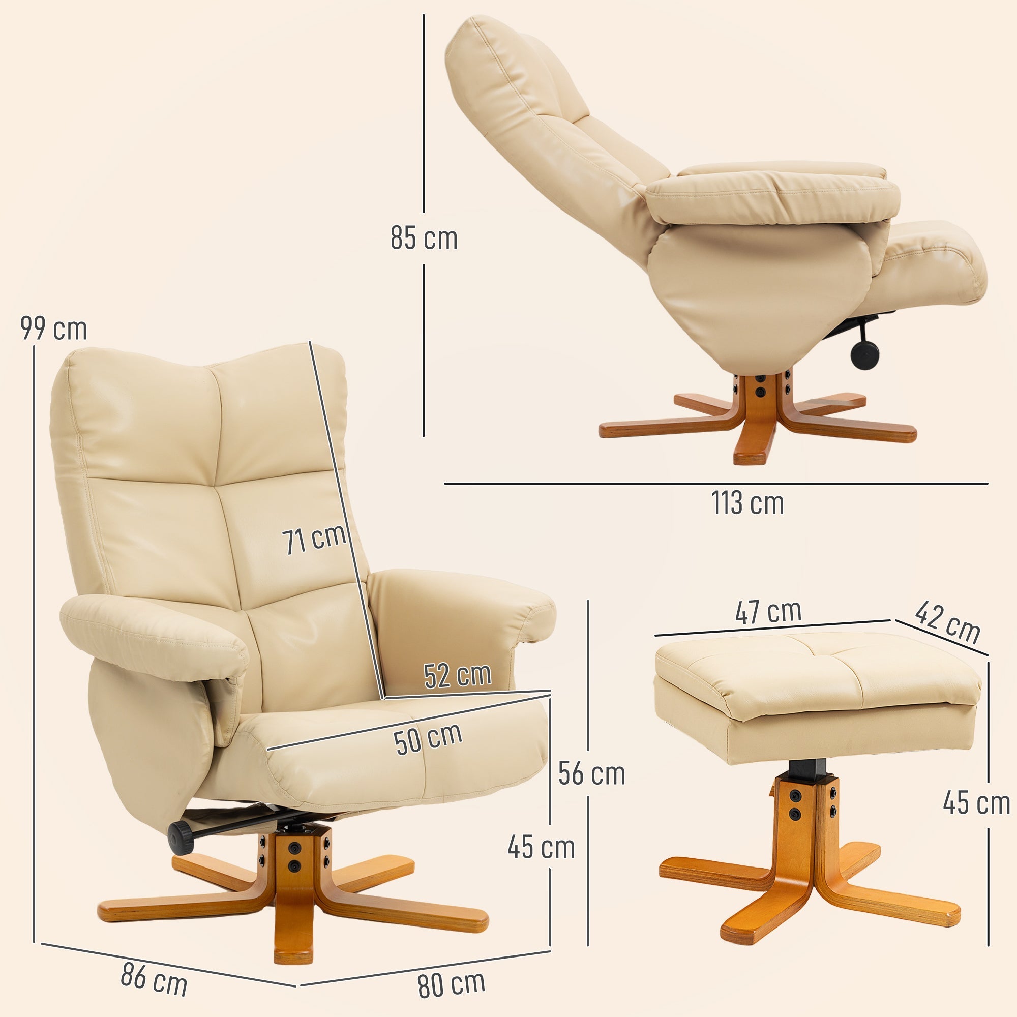 HOMCOM PU Leather Swivel Recliner Chair with Footstool, Wooden Base and Storage for Living Room, Beige