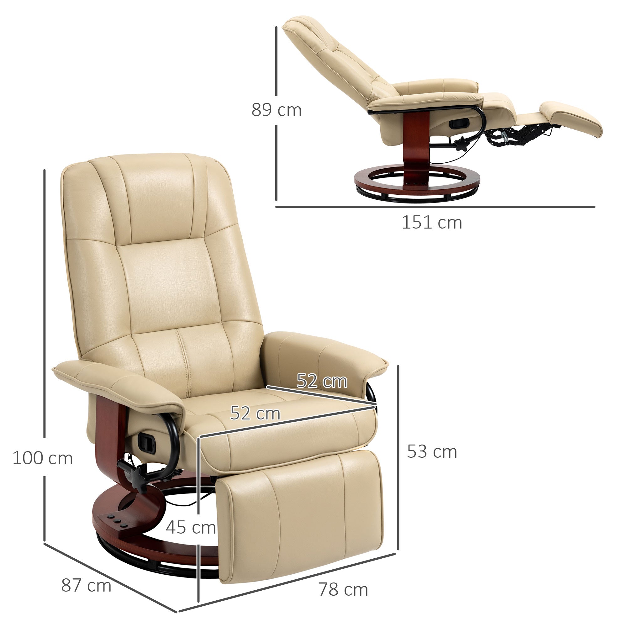 HOMCOM Faux Leather Armchair, with 145\'c2\'b0 Reclining Back and Footrest - Cream