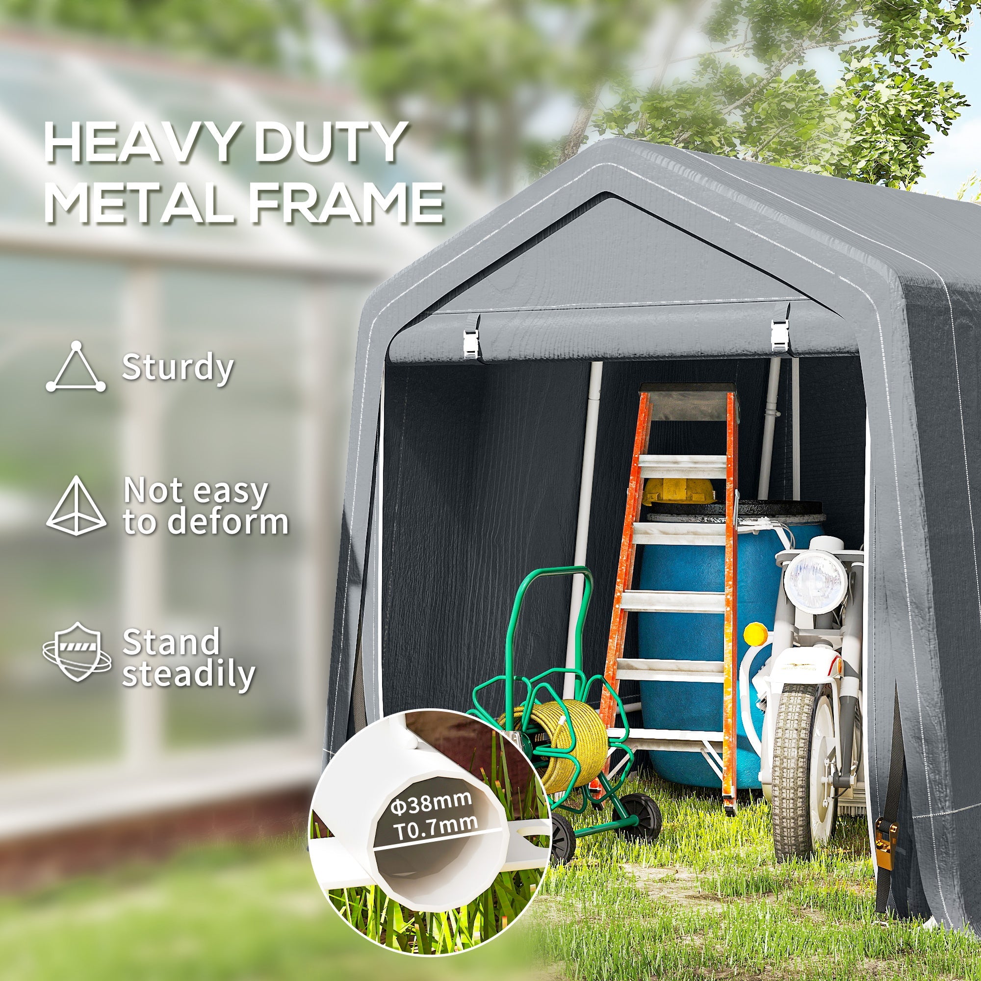 Outsunny 8 x 6.5 ft Outdoor Garden Storage Shed, Waterproof Bike Tent w/ Double Roll-up Zipper Door for Garden Tools, Dark Grey