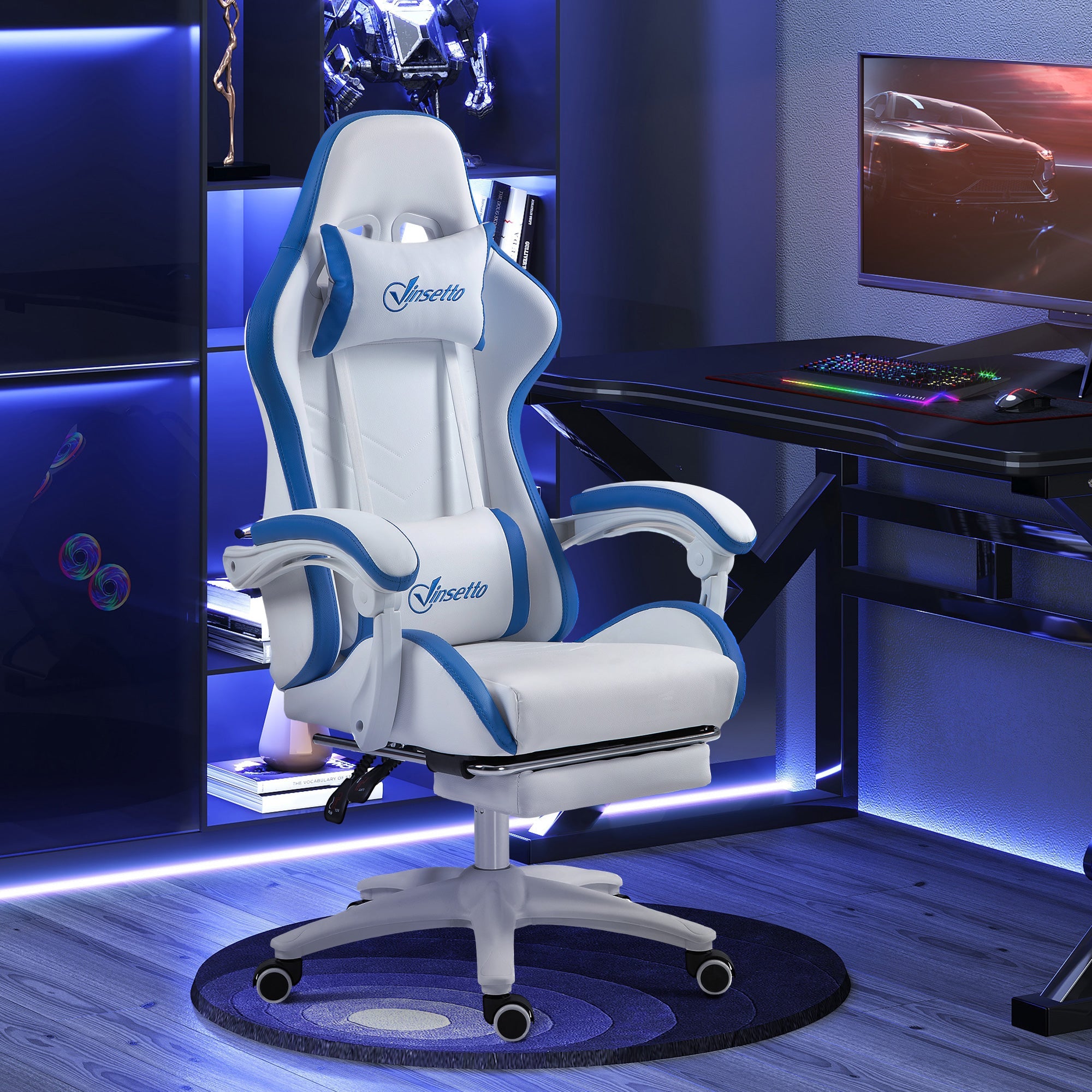 Vinsetto Computer Gaming Chair, PU Leather Desk Chair with Footrest, Swivel Task Chair with 135\'c2\'b0 Reclining Back and Lumbar Support, PC Chair for Adults, White and Blue