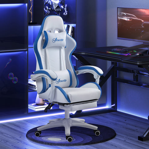 Vinsetto Computer Gaming Chair, PU Leather Desk Chair with Footrest, Swivel Task Chair with 135\'c2\'b0 Reclining Back and Lumbar Support, PC Chair for Adults, White and Blue
