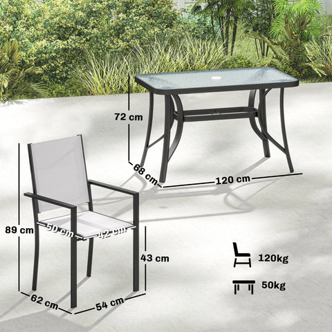 Outsunny Garden Dining Set for 4 with Umbrella Hole, Stackable Chairs and Rectangular Glass-Top Outdoor Table, Light Grey