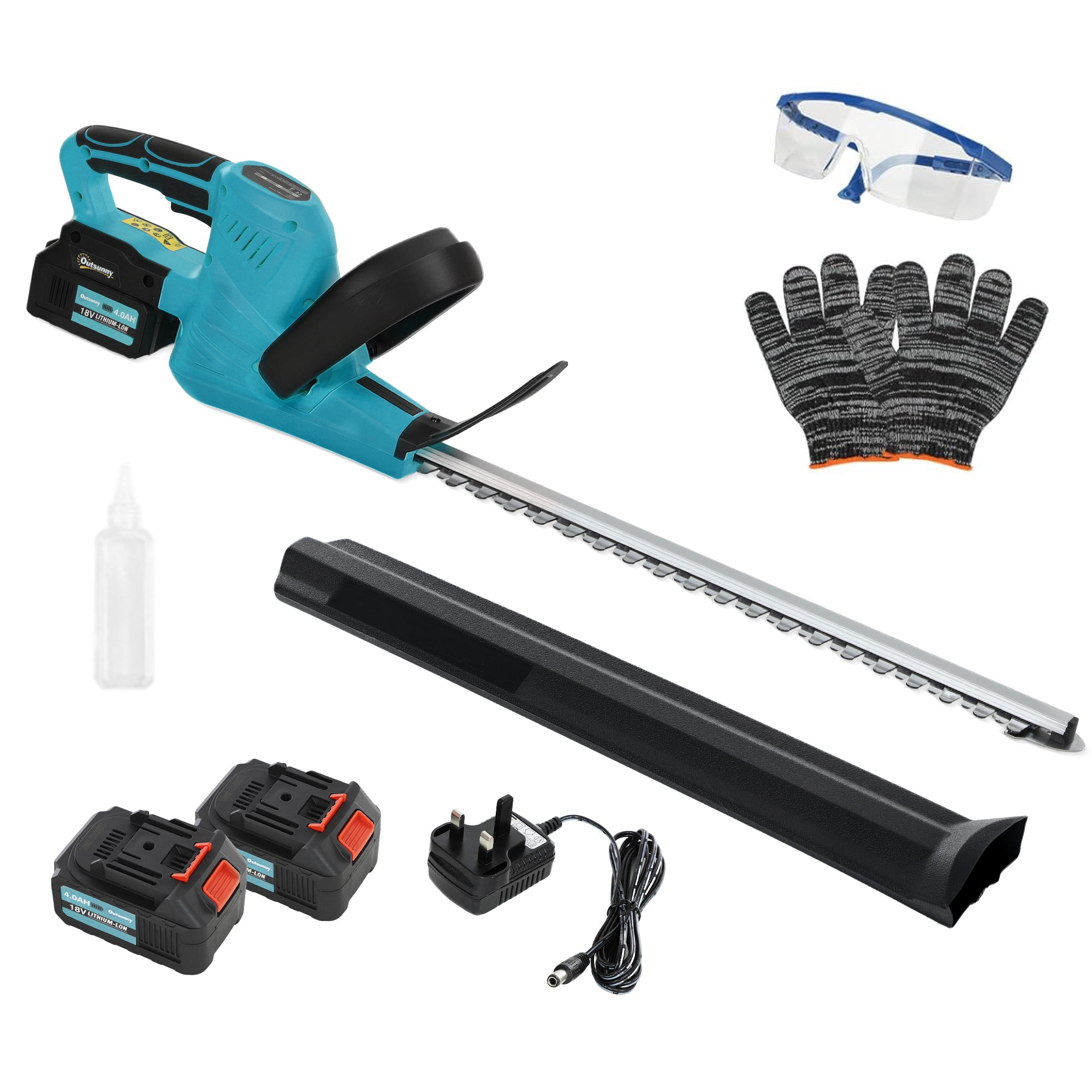 Outsunny Cordless Hedge Trimmer, Electric Hedge Cutter with 51cm Blade, Brushless Motor and 2 Batteries for Branches, Shrubs, Twigs, Blue