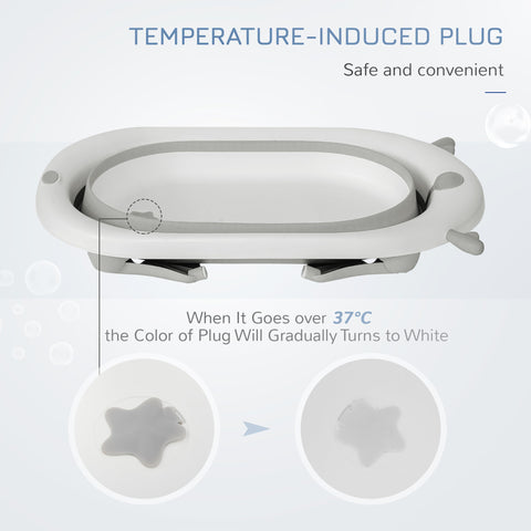 HOMCOM Foldable Baby Bathtub Set, Collapsible Bath Tub with Thermostatic Water Plug, Non-Slip Support, Cushion Pad, Drain Plugs, for Newborn to 3 Years - Offwhite