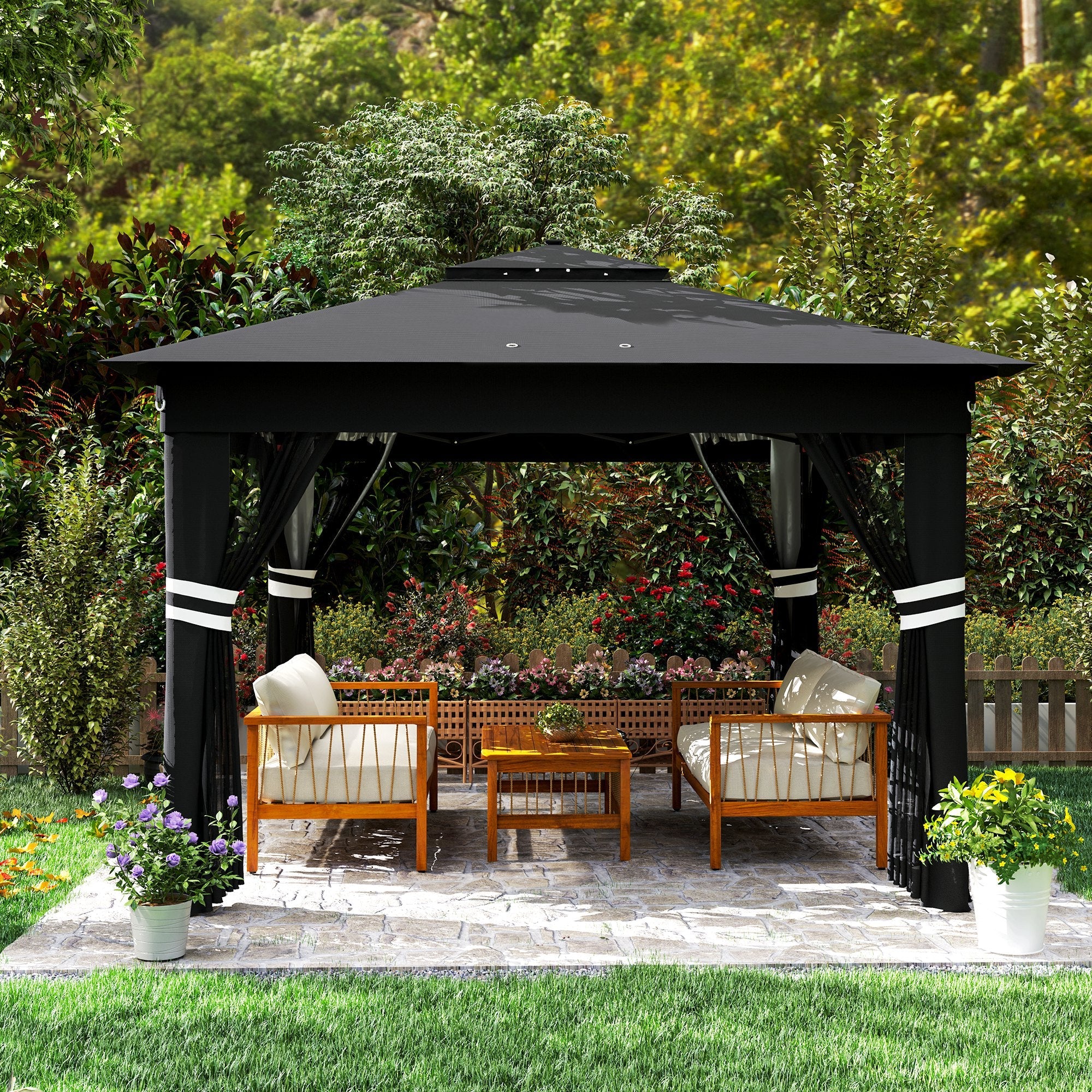 Outsunny 3 x 3(m) Pop Up Gazebo Party Tent with Solar-Powered LED Lights, Adjustable Event Shelter with Netting, Black