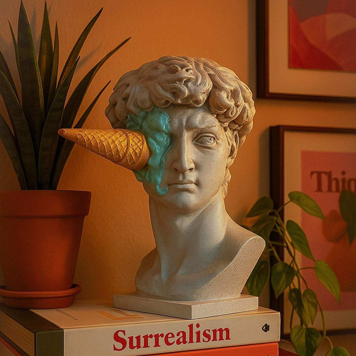 Beige stone haagen david sculpture bust with turquoise melting ice cream cone on head inspired by art history