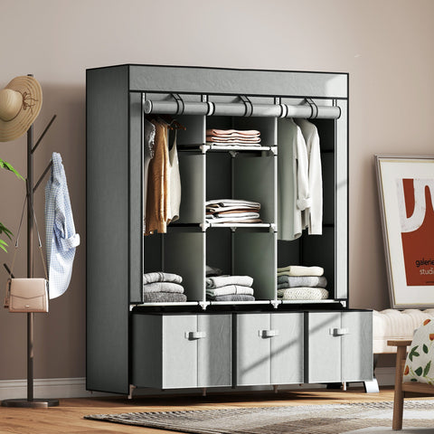 HOMCOM Fabric Wardrobe for Bedroom, Portable Wardrobe with 5 Shelves, 2 Hanging Rails and 3 Fabric Drawers, Foldable Closet, 125 x 43 x 162.5cm, Light Grey