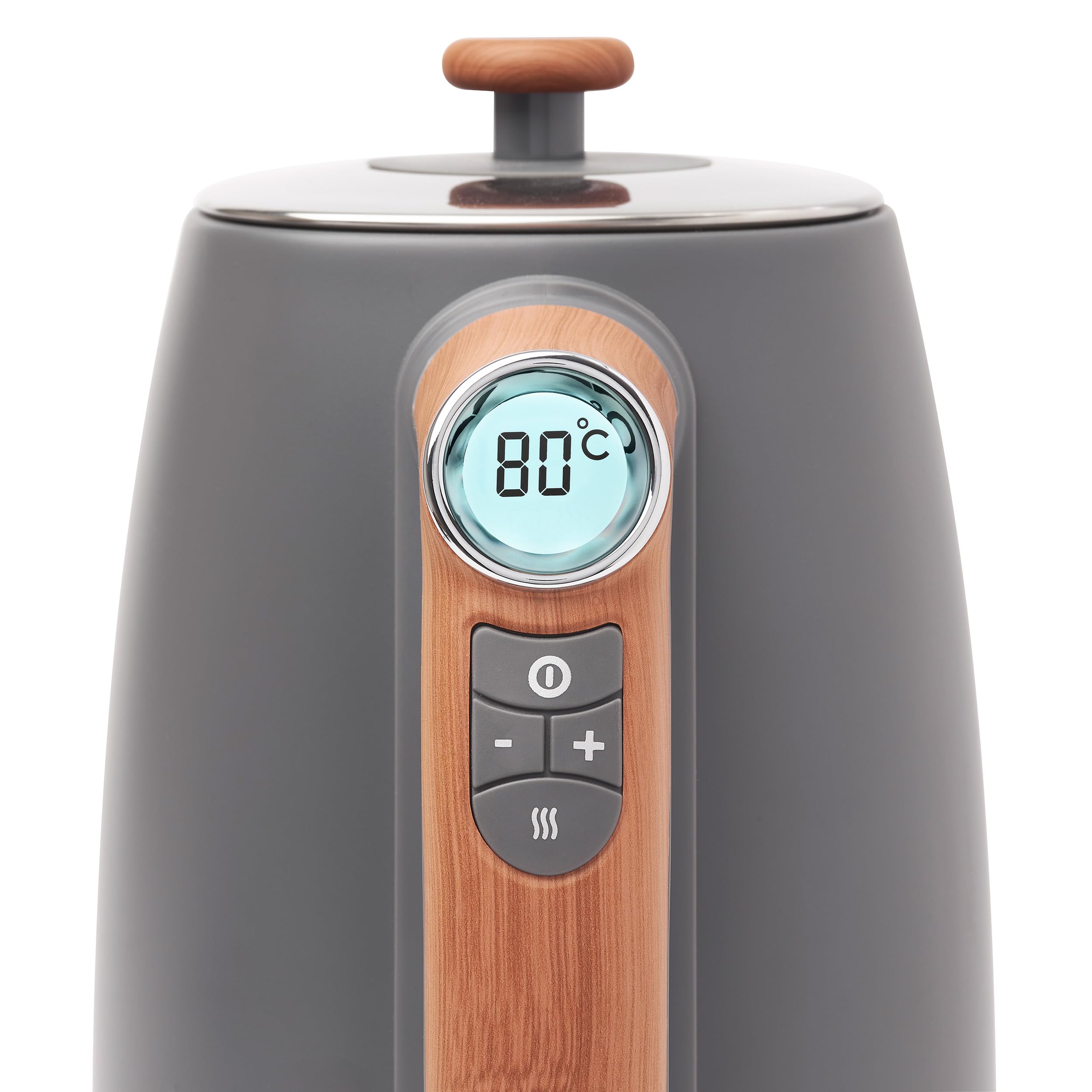 Modern gray haden dorchester temperature control kettle with wooden handle digital lcd display showing 80°C