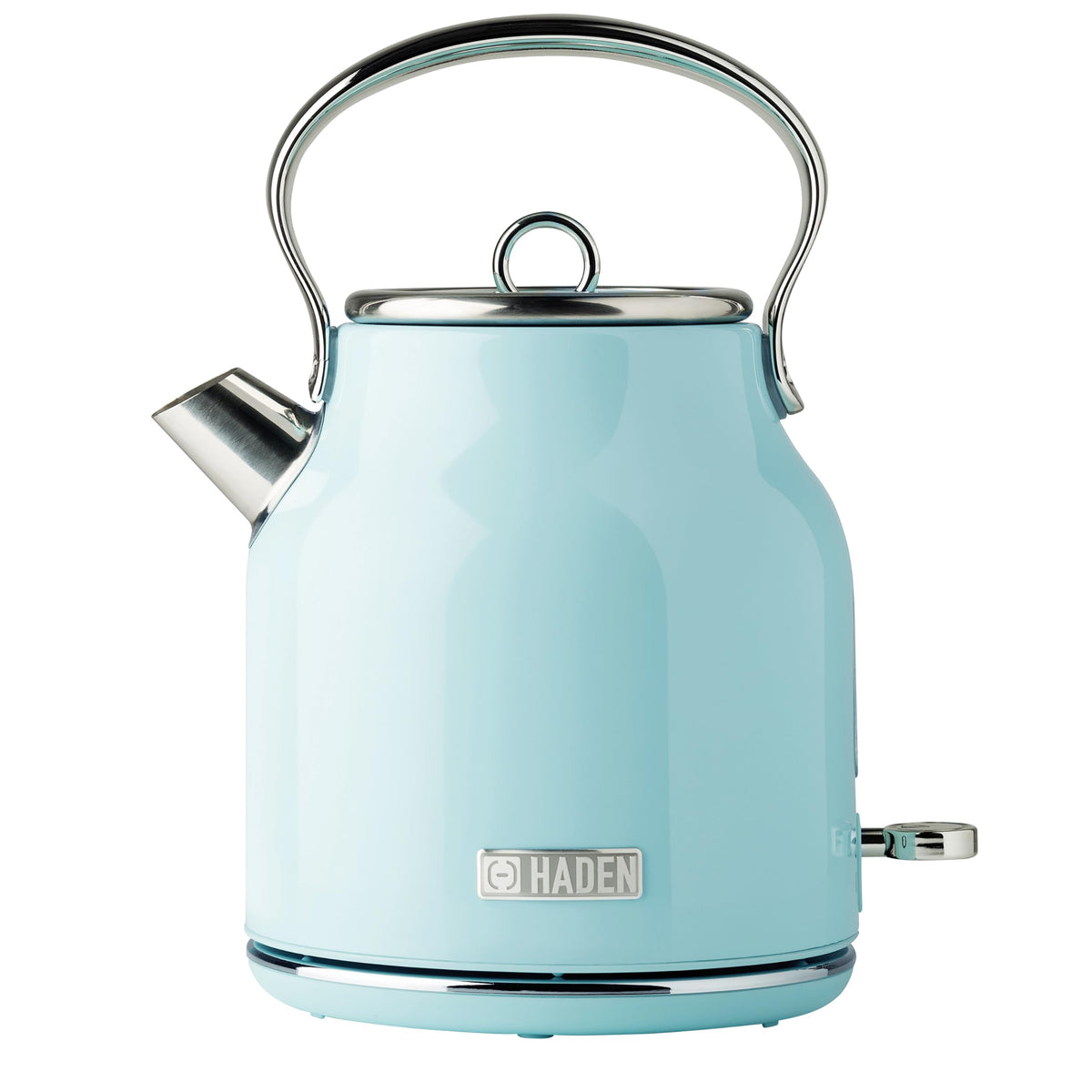 A sleek pastel blue haden heritage retro kettle with stainless steel housing rapid boil and chrome handle