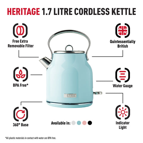 A light blue haden heritage retro kettle with stainless steel handle and rapid boil feature for fast heating