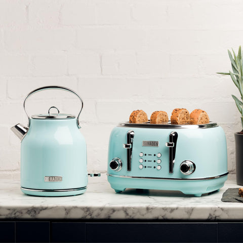 Mint green retro-style haden toaster with chrome accents and four slots shown alongside stainless steel retro kettle rapid boil