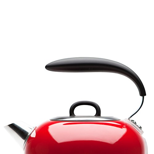 Red enamel kettle with black handle and spout featuring stainless steel rapid boil and temperature gauge