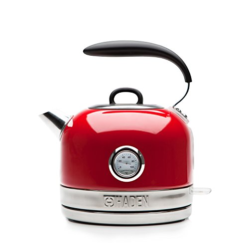 Red vintage-style Haden kettle with stainless steel base rapid boil 1.5L capacity and black handle