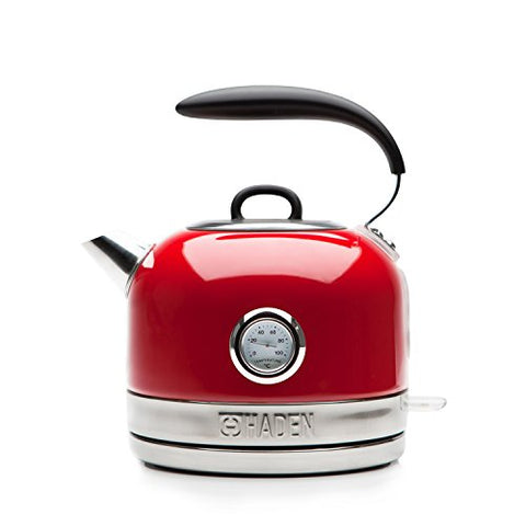 Red vintage-style Haden kettle with stainless steel base rapid boil 1.5L capacity and black handle