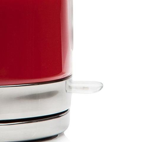 Red kettle with stainless steel chrome base featuring rapid boil and temperature gauge by haden jersey