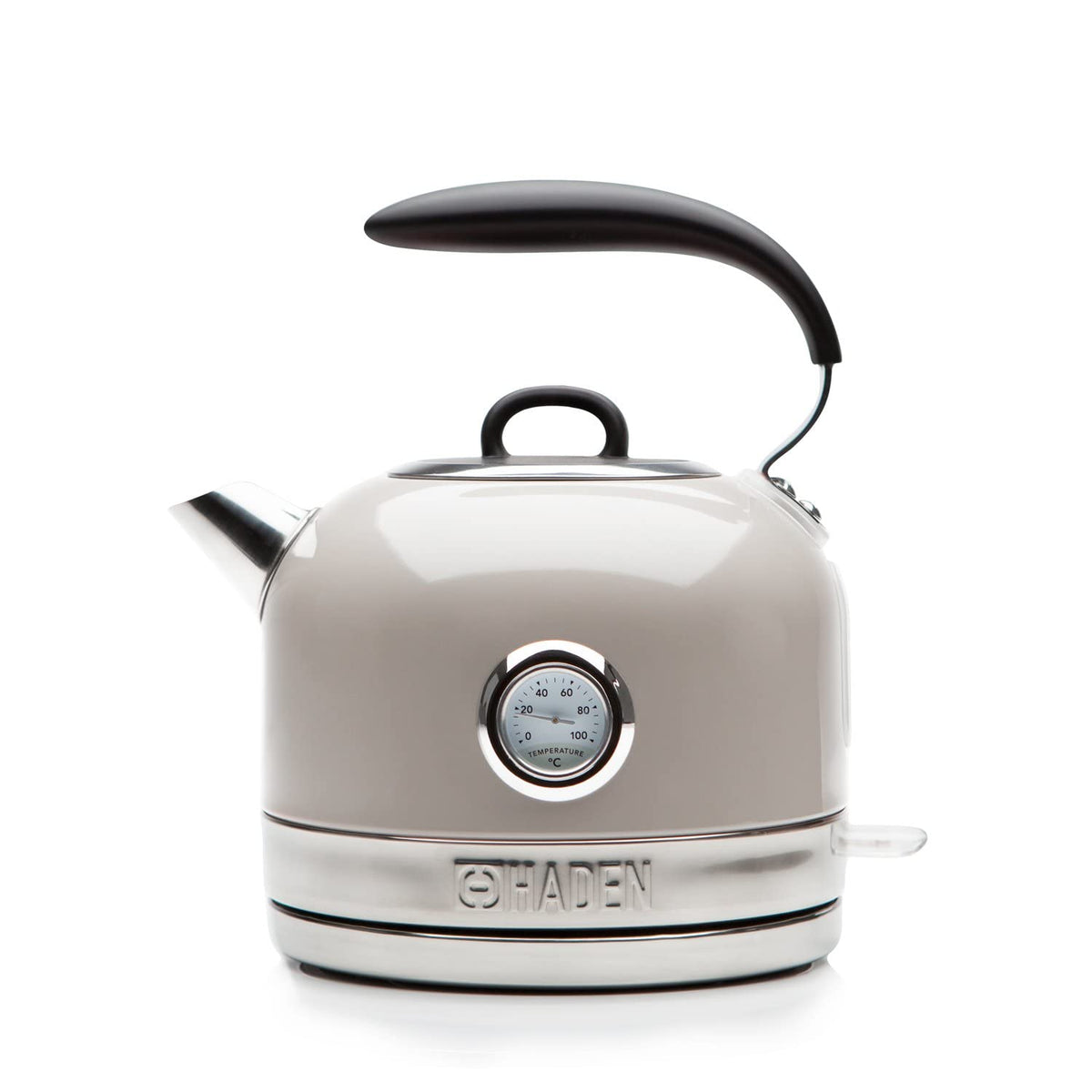 A matte beige stainless steel kettle with rapid boil technology safety features and a temperature gauge by shaden