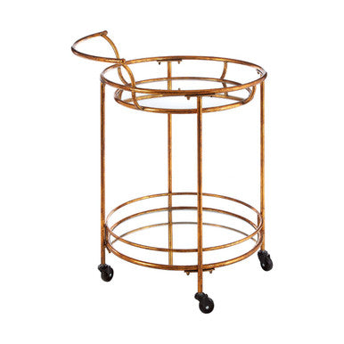 Hadley 2 tier gold finish drinks trolley with gold finished metal frame mirrored shelves and black caster wheels